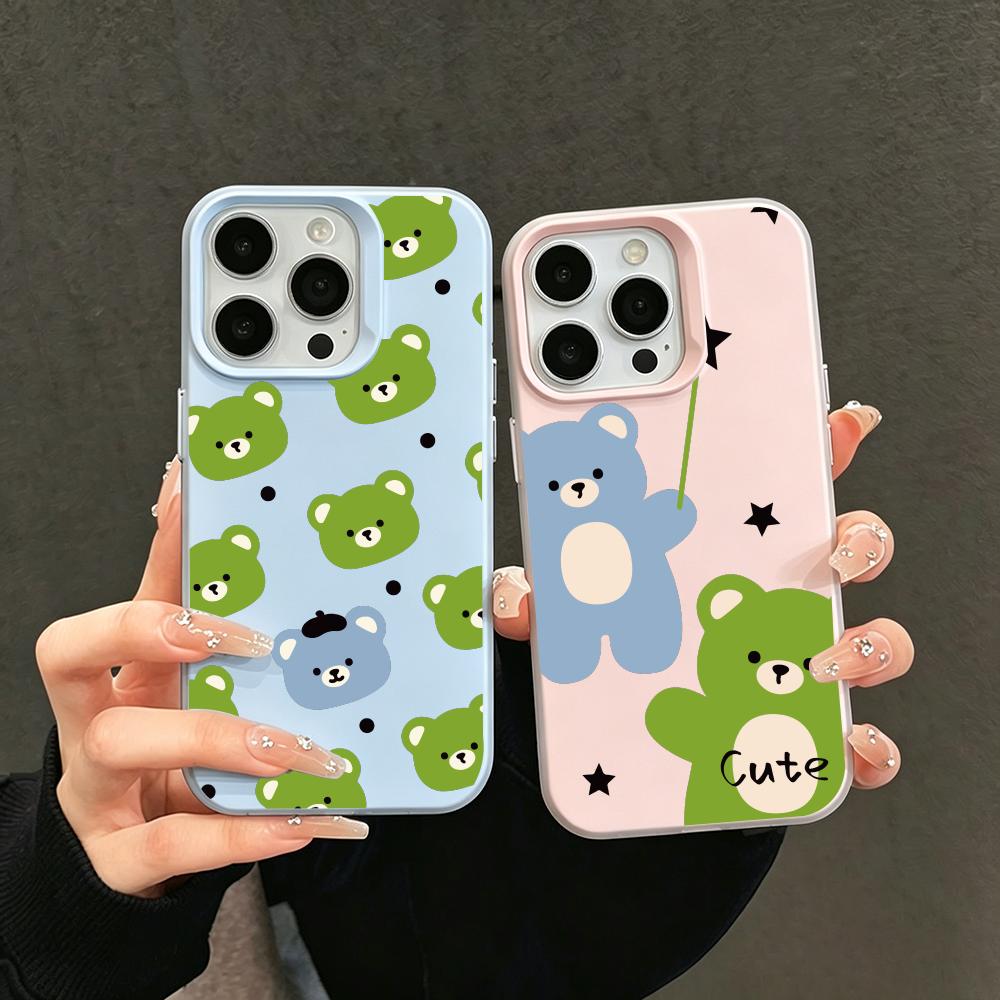 Phone Cases Green - Blauwgroene cartoonbeer telefoonhoesje, Jelly-achtig 2-in-1 dubbelwandig