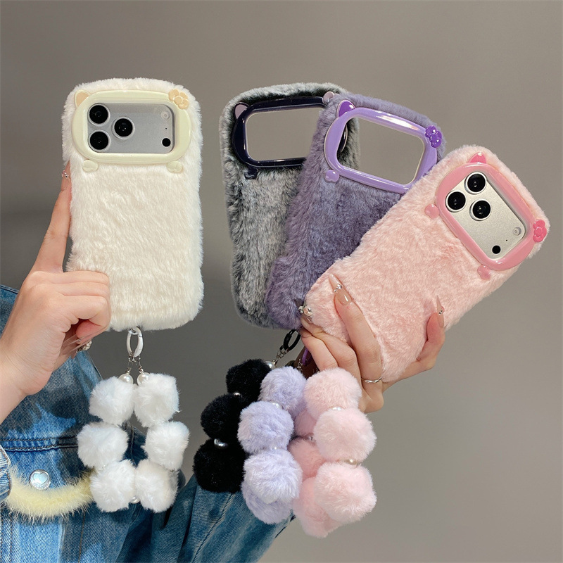 Phone Cases For Iphone 15 - Luxe effenkleurige pluche telefoonhoes voor iPhone